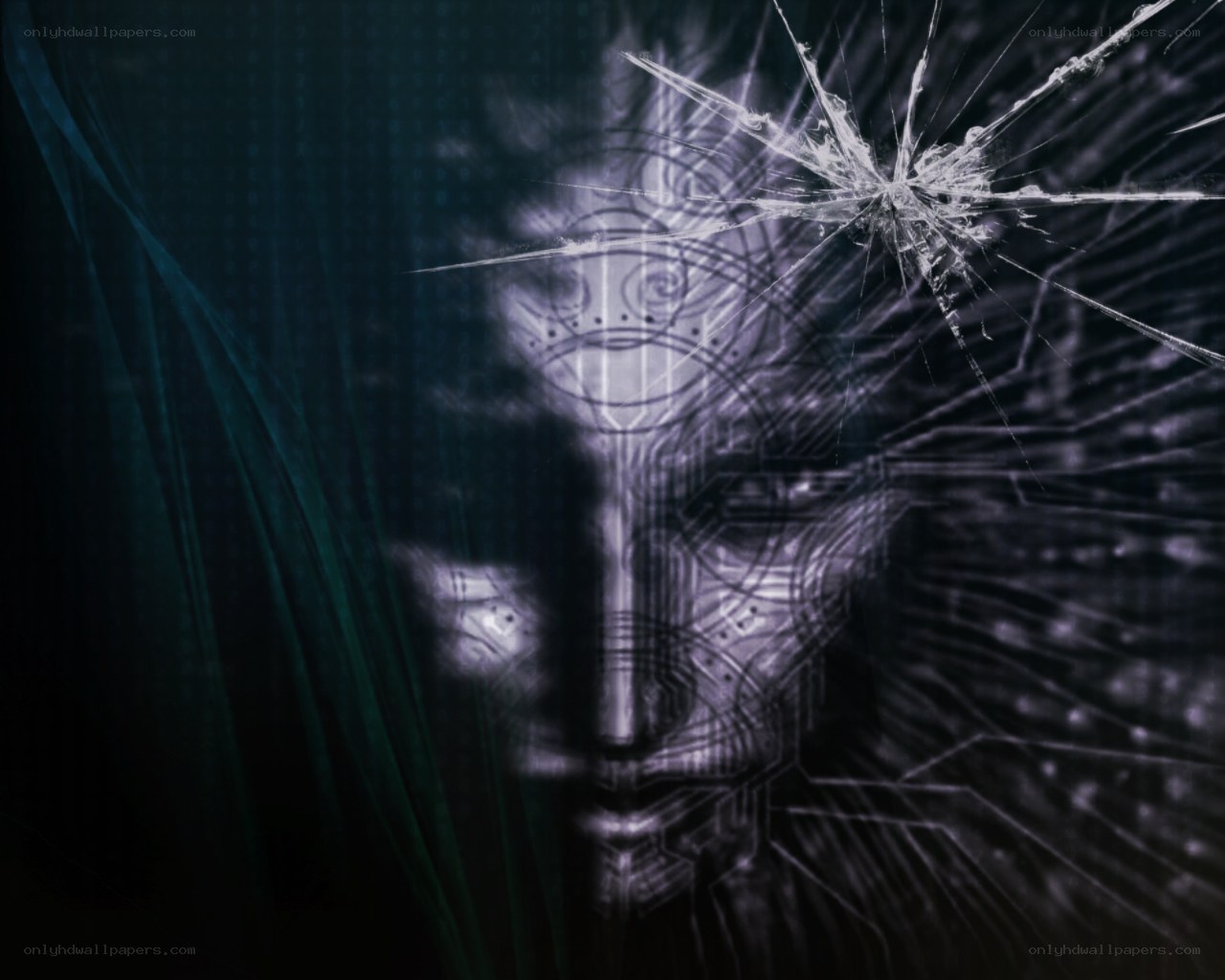 Digital face behind cracked glass