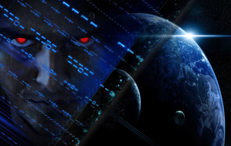 digital face over planet earth