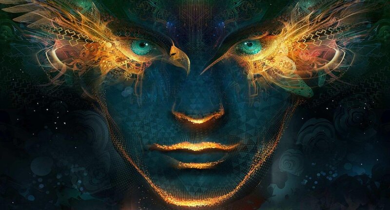Digital Face with Glowing Eyes — Blue, Mystical