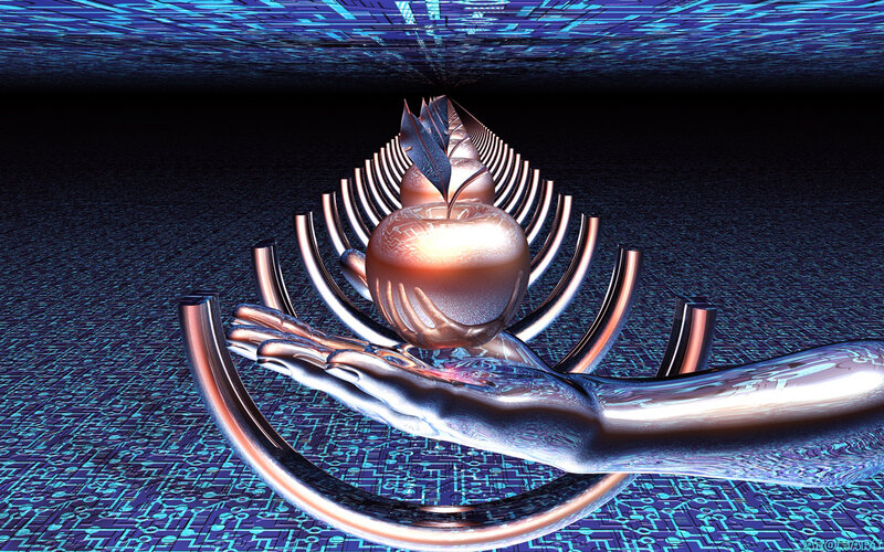 digital hand holding apple