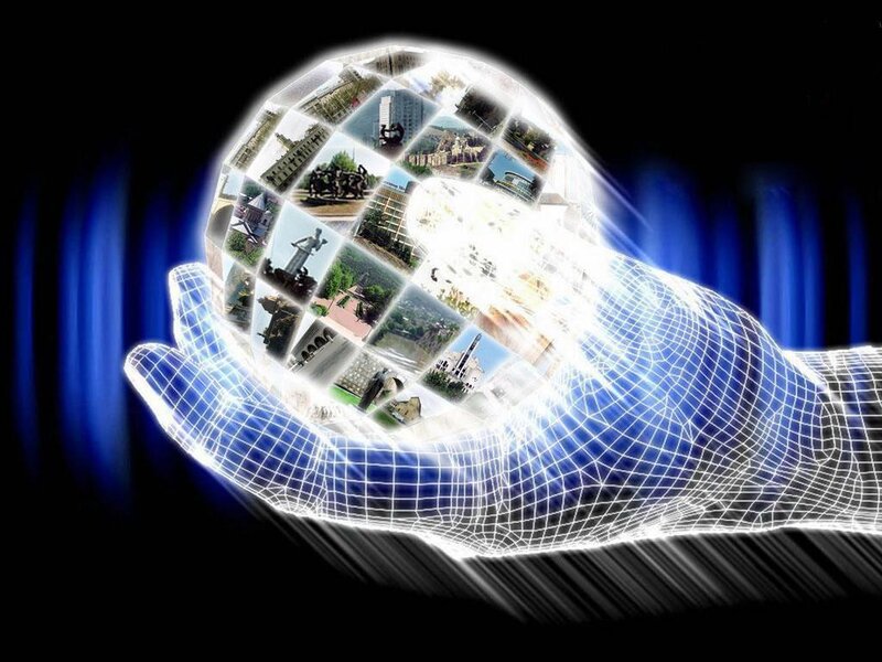 digital hand holding globe of images