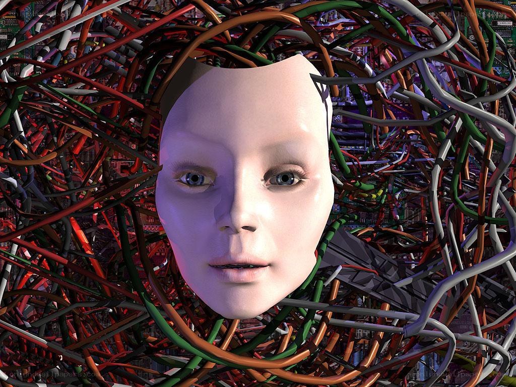 digital head in tangled wires
