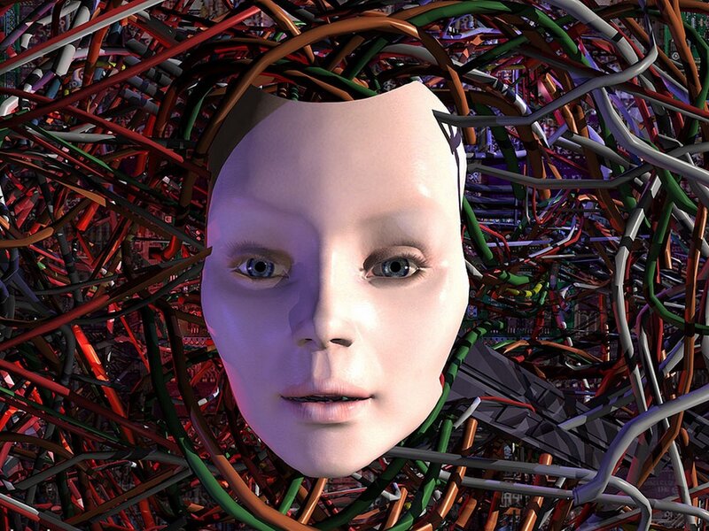 digital head surrounded by wires