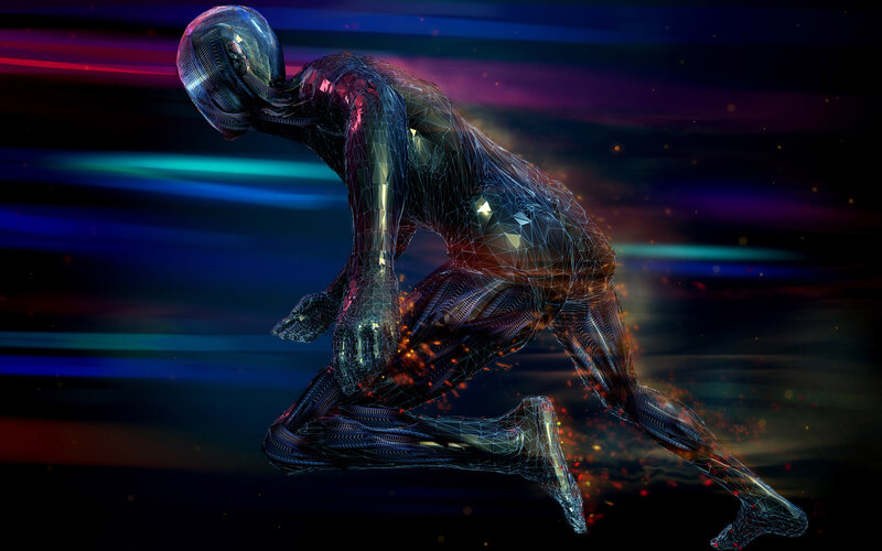 Digital Humanoid Figure — Blue, Dramatic, Digital Art