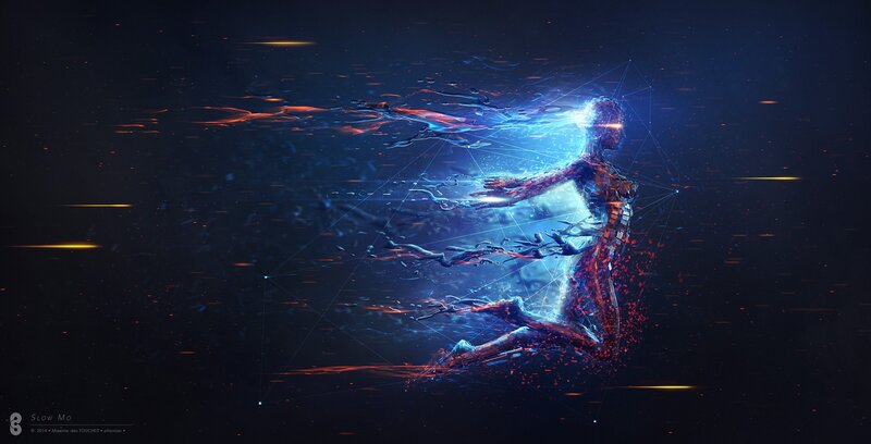 Digital Humanoid Figure — Blue, Dramatic, Night
