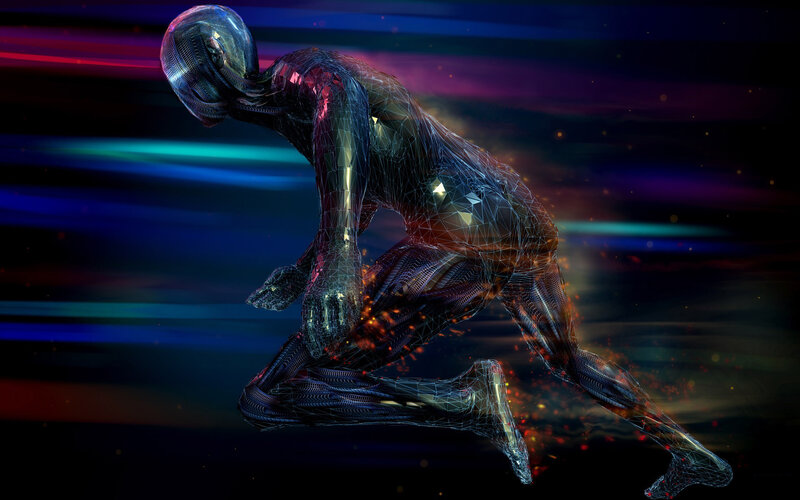 Digital Humanoid Figure — Blue, Dramatic