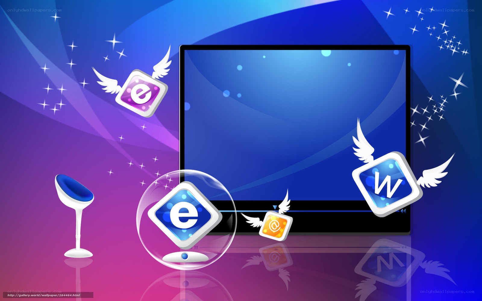 Digital icons flying around monitor