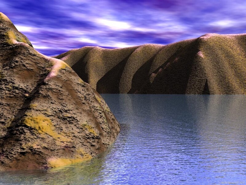 Digital landscape with water and hills