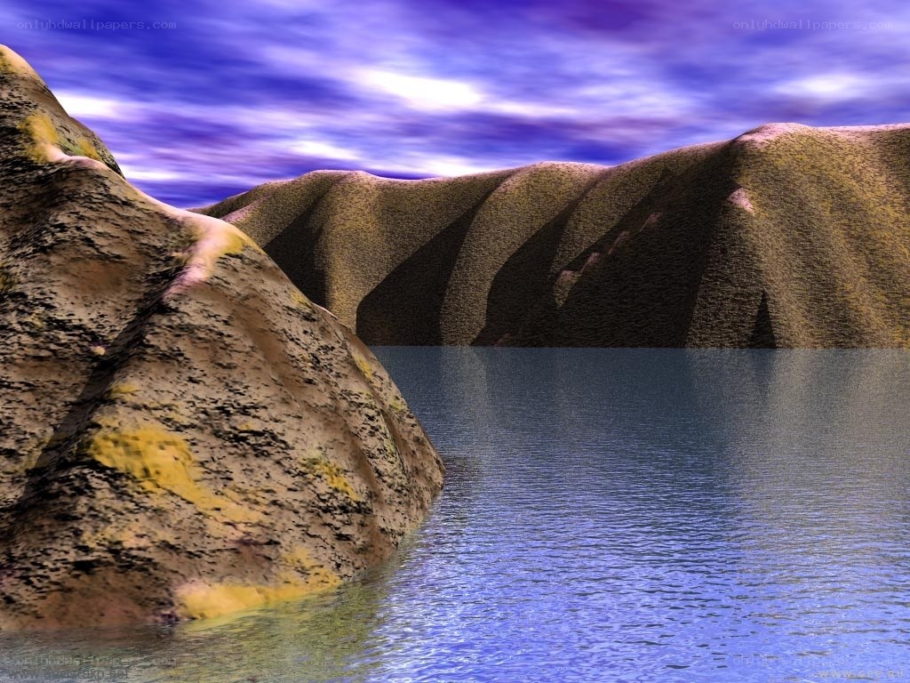 Digital landscape with water and hills