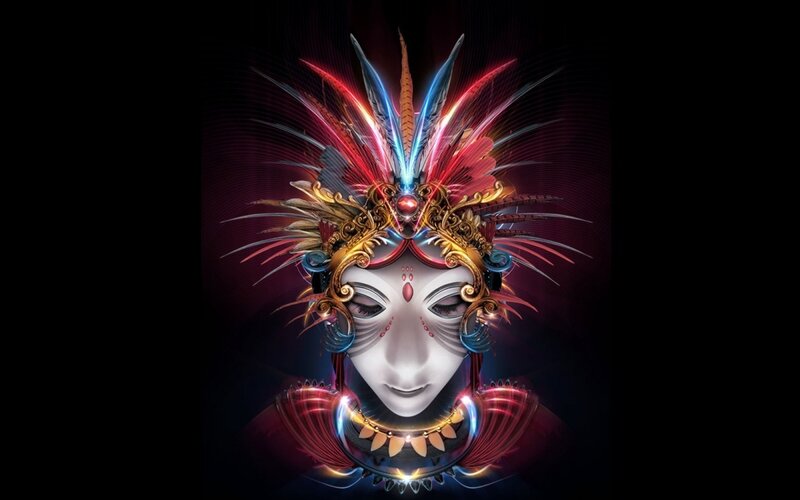 digital mask with glowing feathers