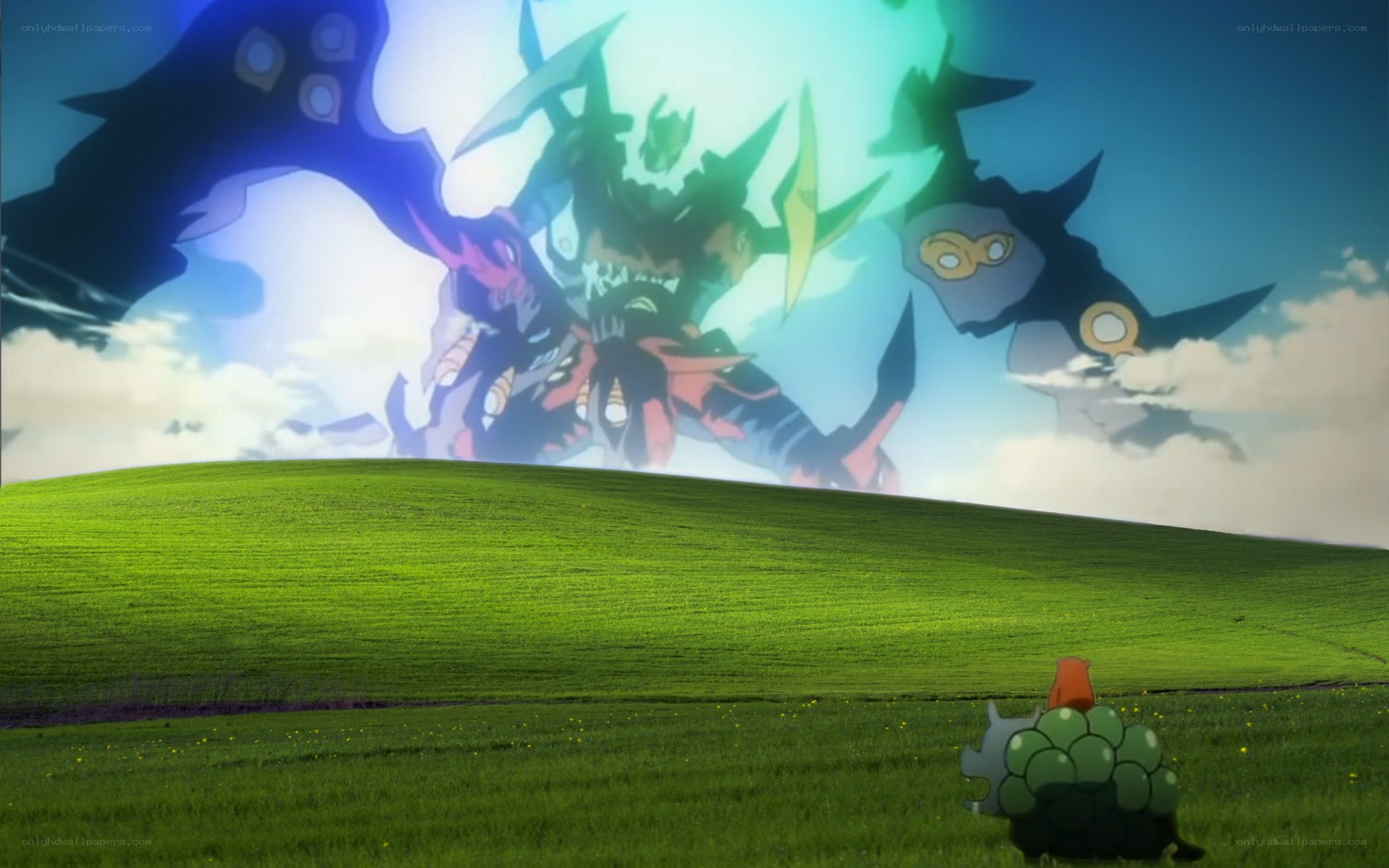 digital monsters on a green hill