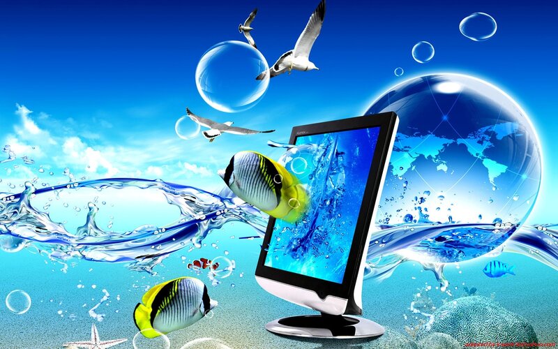 digital ocean with fish and birds