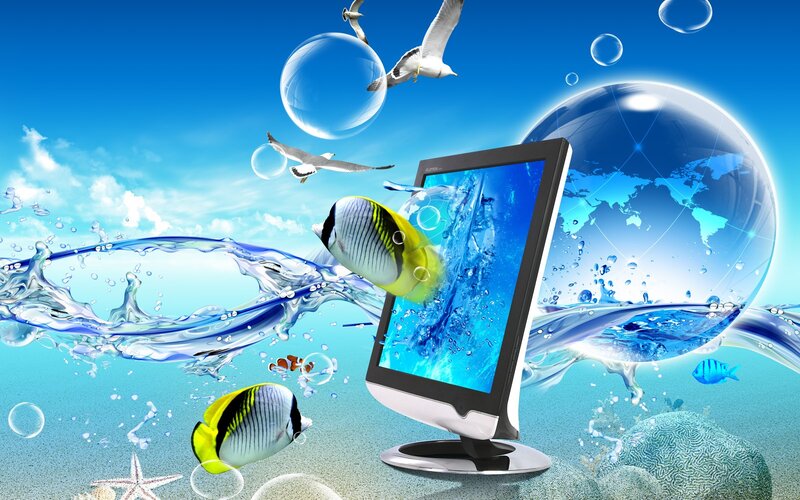 digital ocean with fish and globe