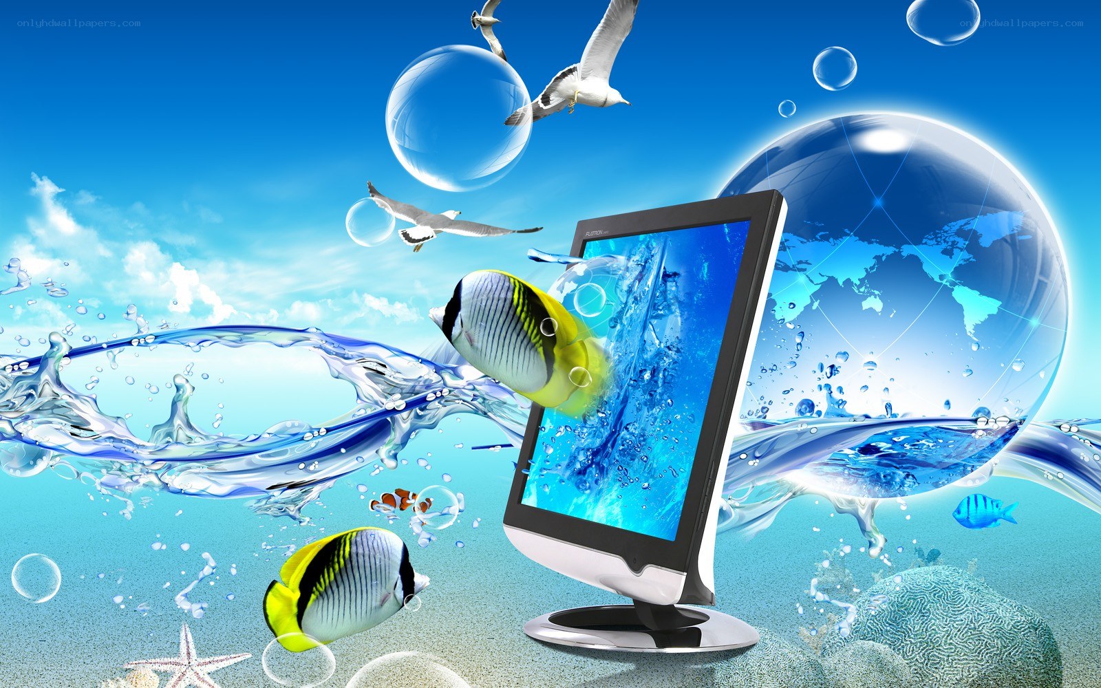 digital ocean with fish and globe