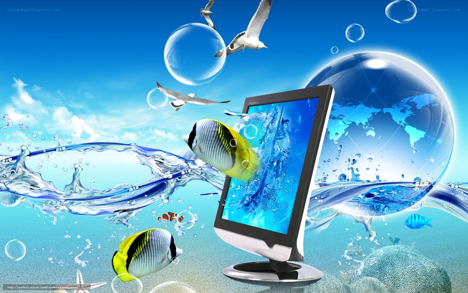 Digital ocean with fish and globe