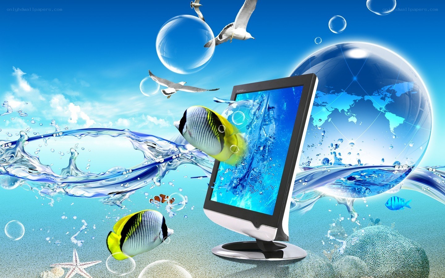 Digital ocean with fish and seagulls