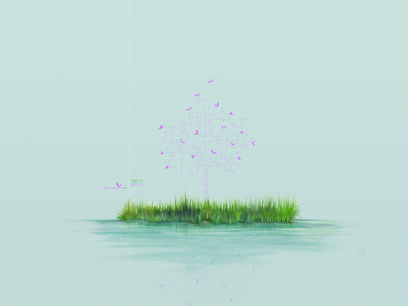 Digital tree on a grassy island