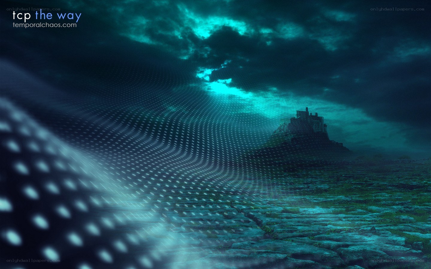 digital waves over ancient ruin