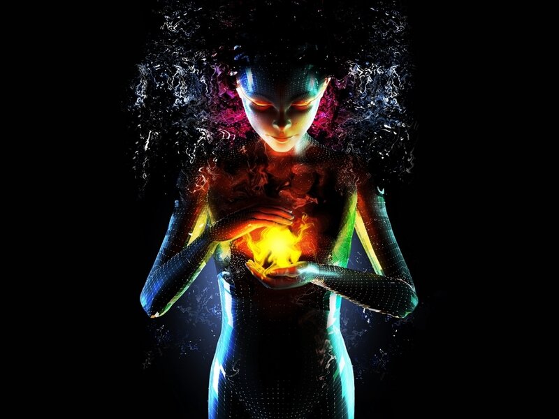 digital woman holding energy orb