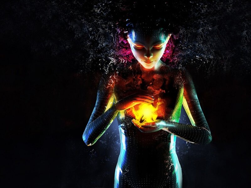 digital woman holding glowing orb