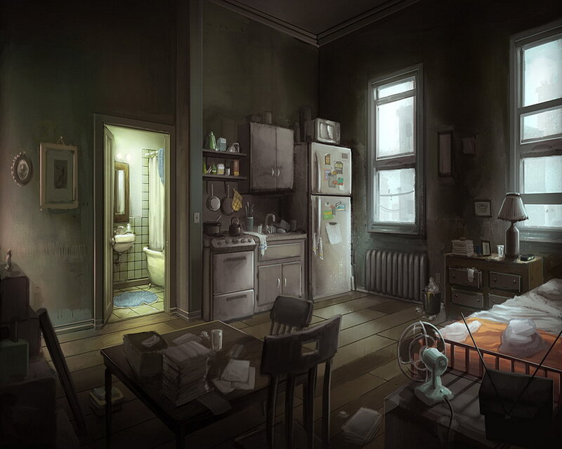 dimly lit apartment interior