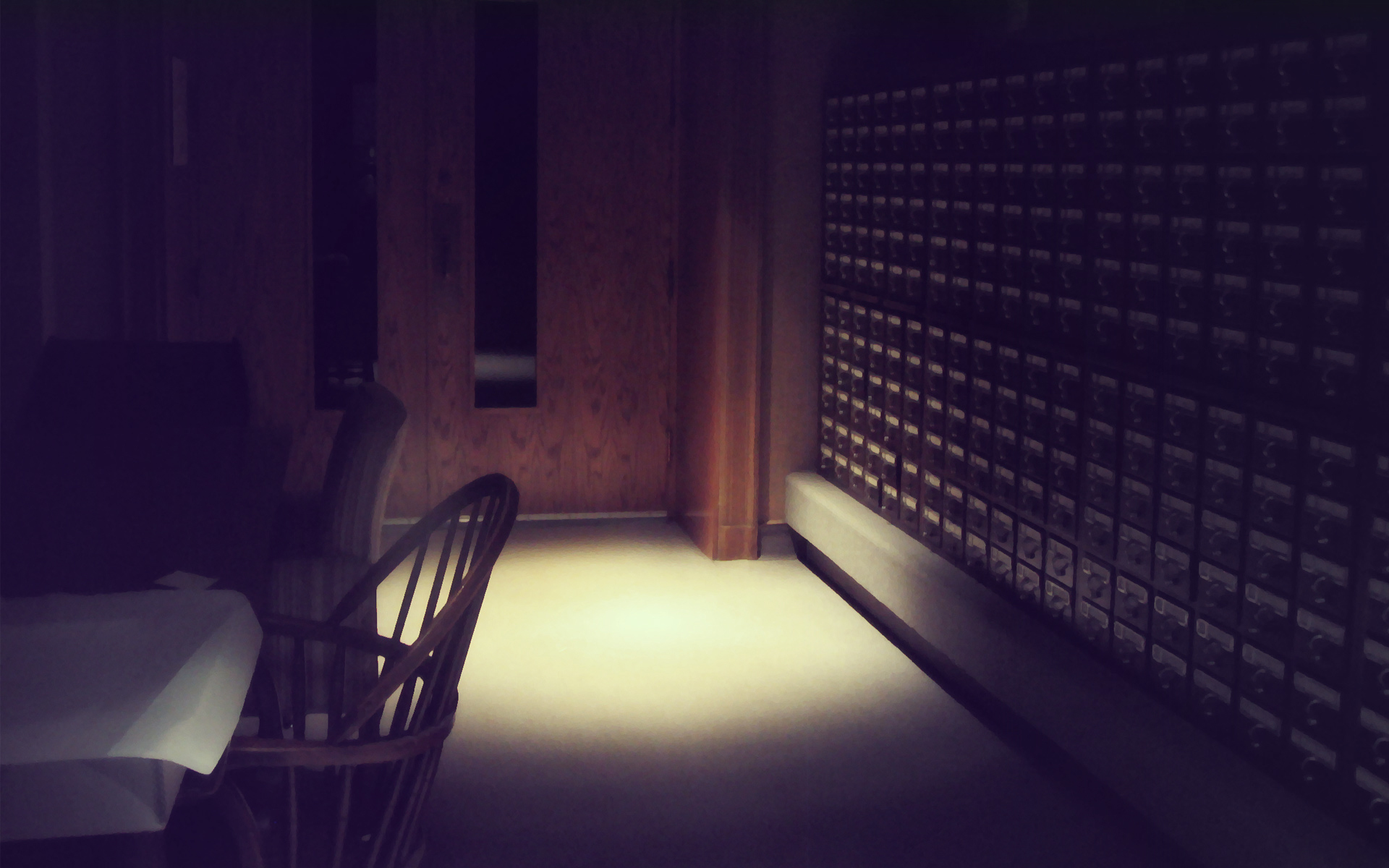 dimly lit archive room
