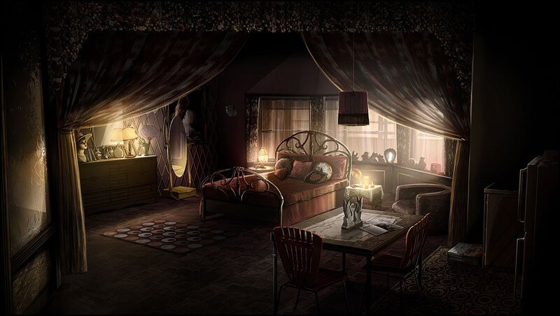 dimly lit bedroom interior
