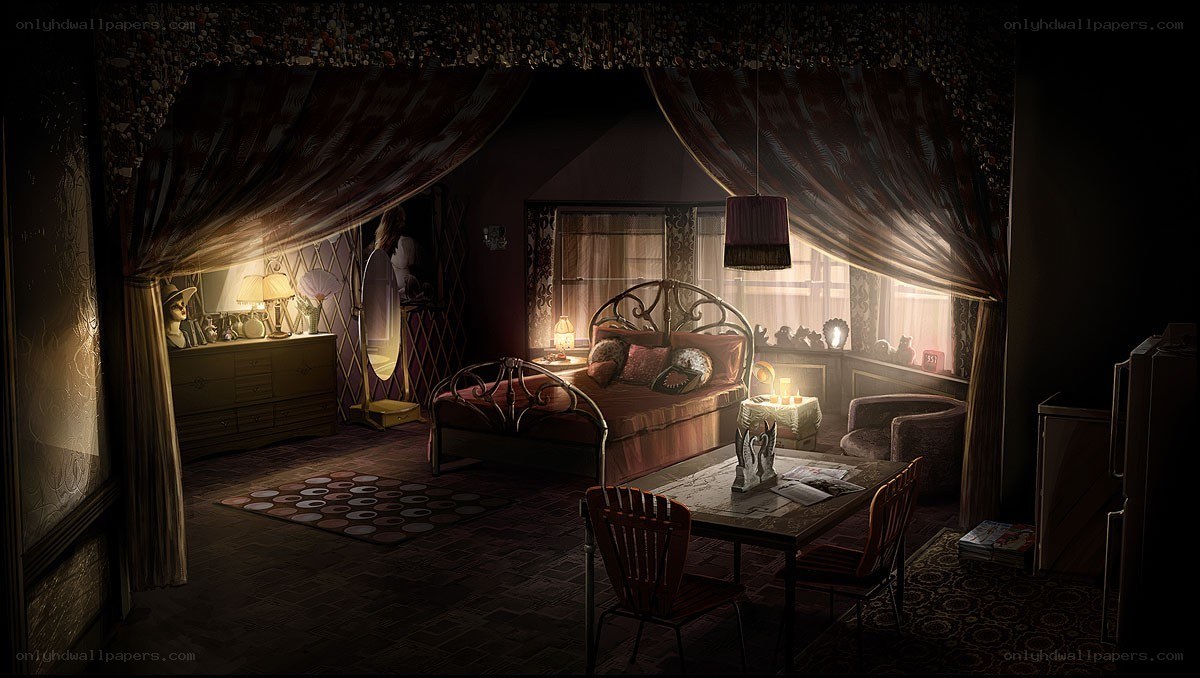 dimly lit bedroom interior