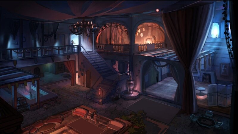 dimly lit fantasy tavern interior