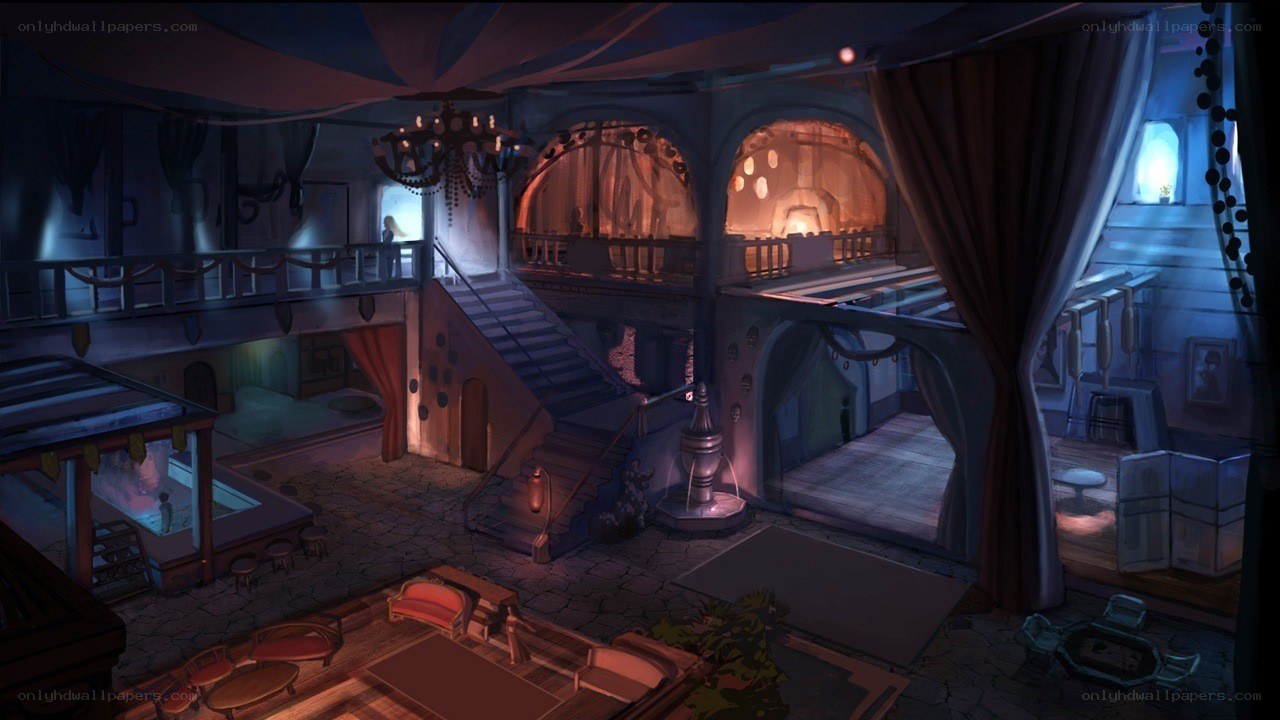 dimly lit fantasy tavern interior
