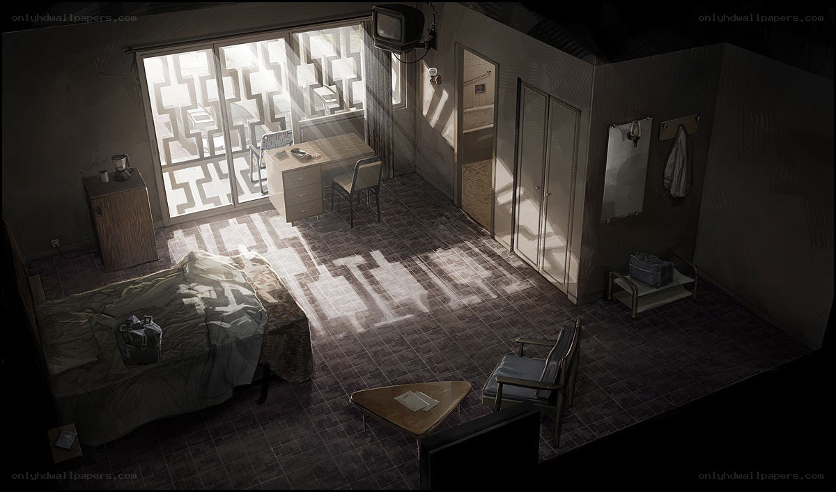 dimly lit hotel room