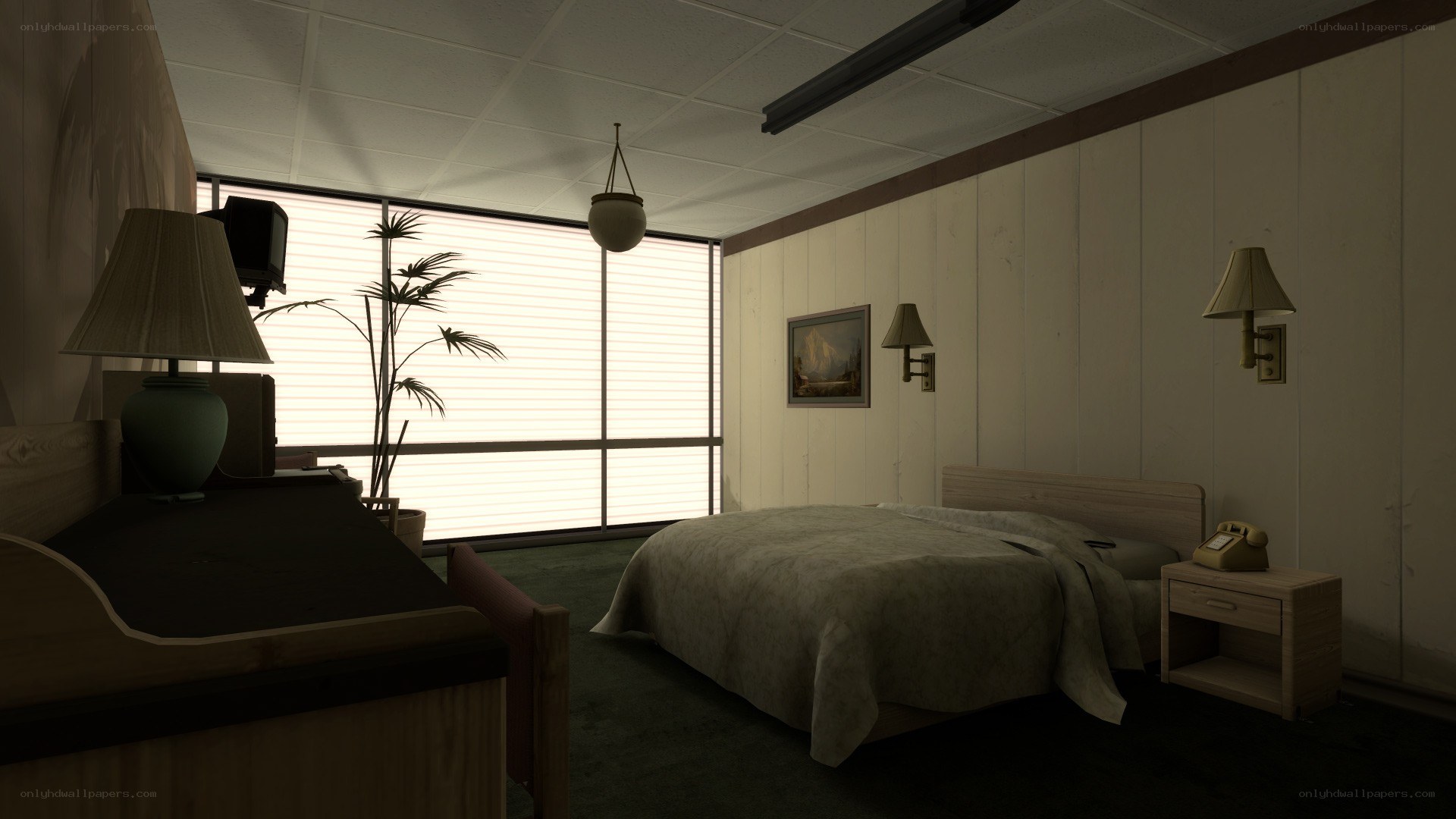 dimly lit hotel room