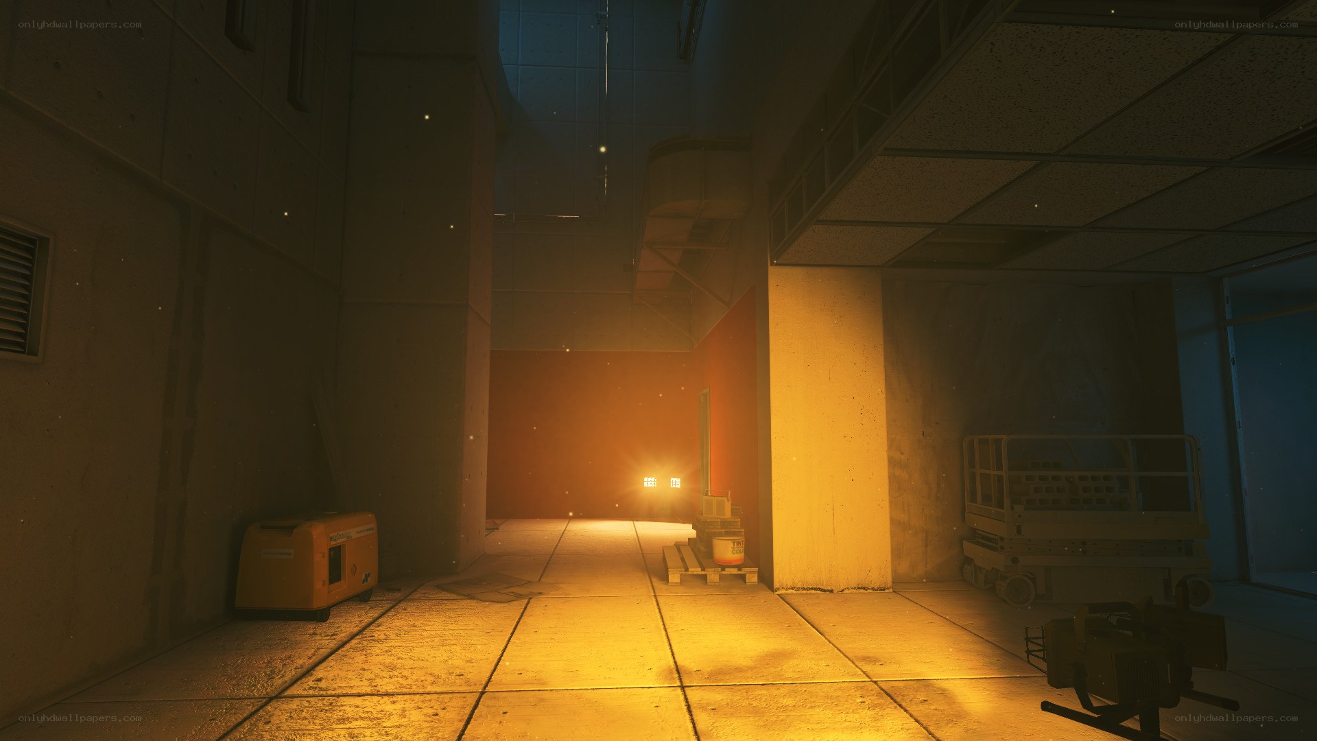 dimly lit industrial corridor