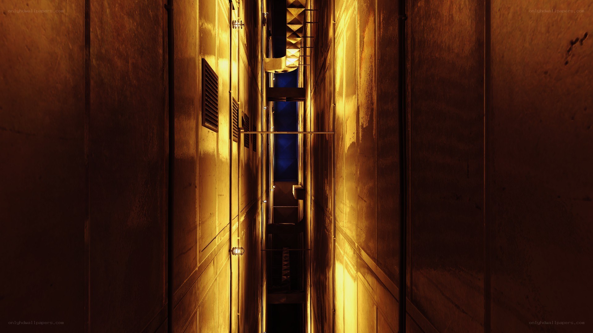 dimly lit industrial corridor