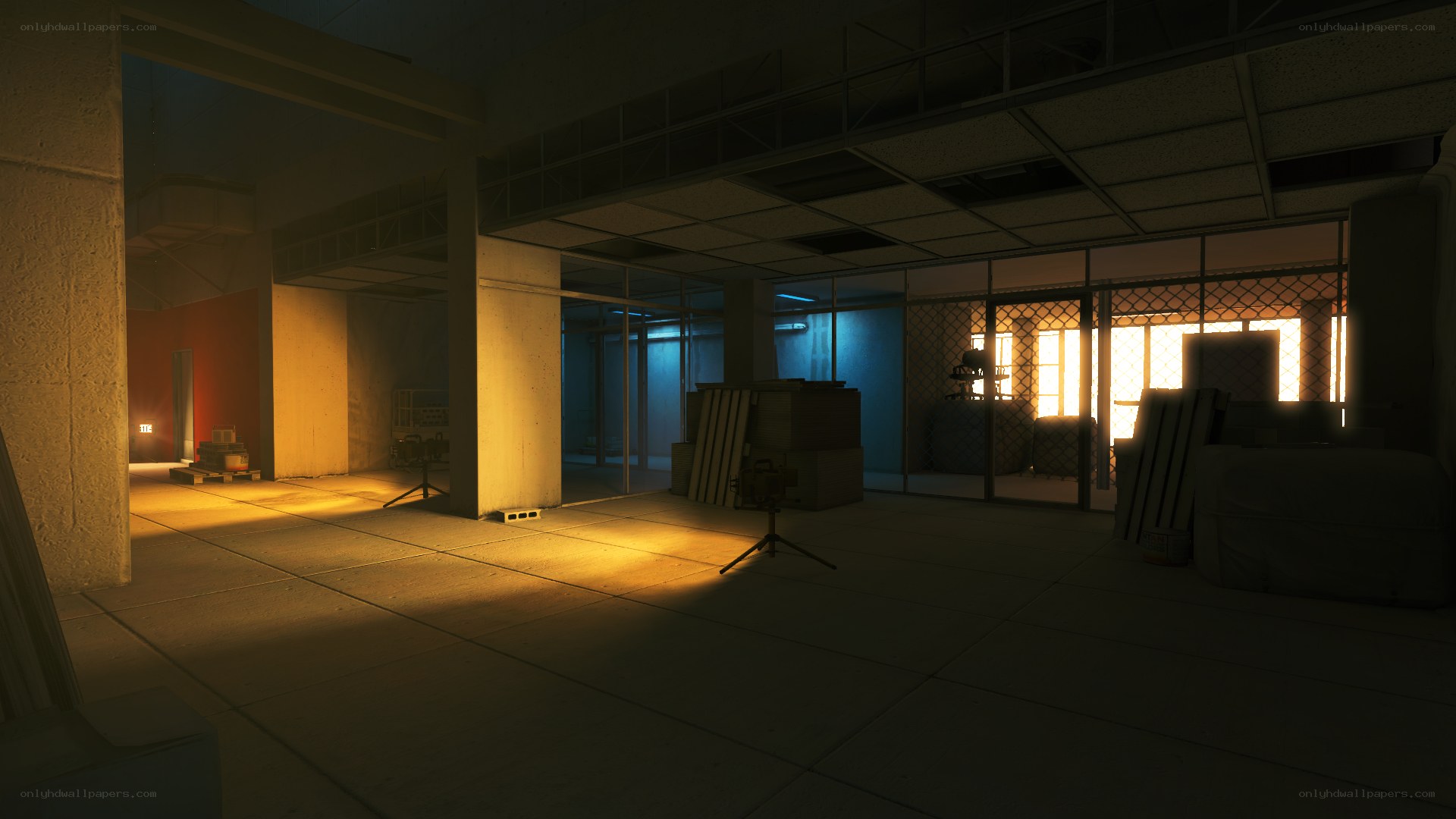 dimly lit industrial interior