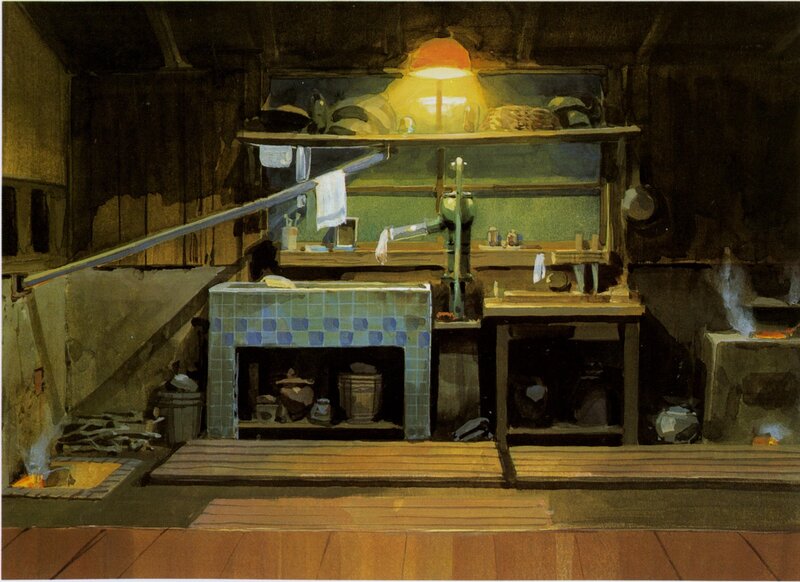 dimly lit kitchen interior