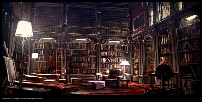 dimly lit library interior