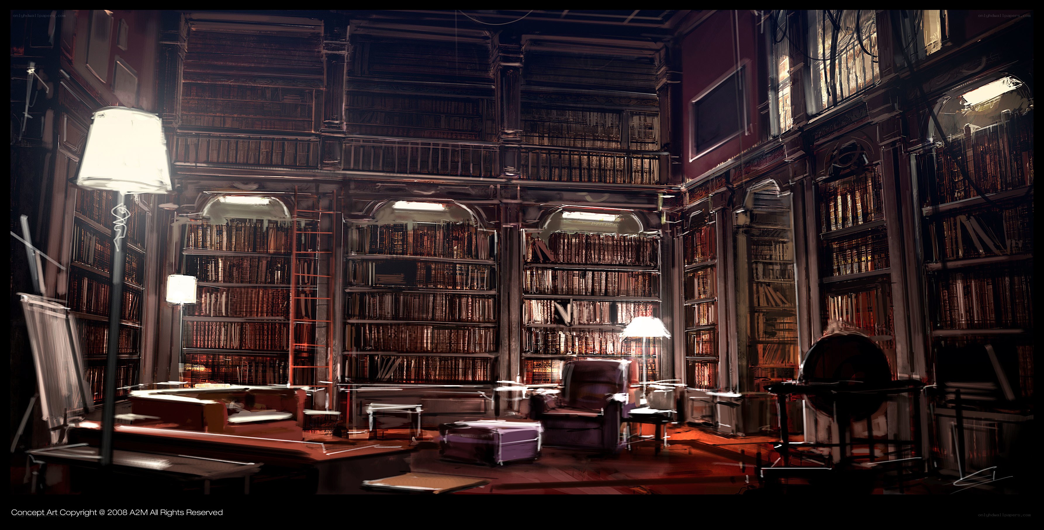 dimly lit library interior