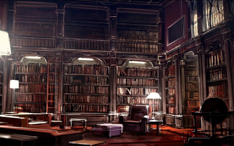 dimly lit library interior