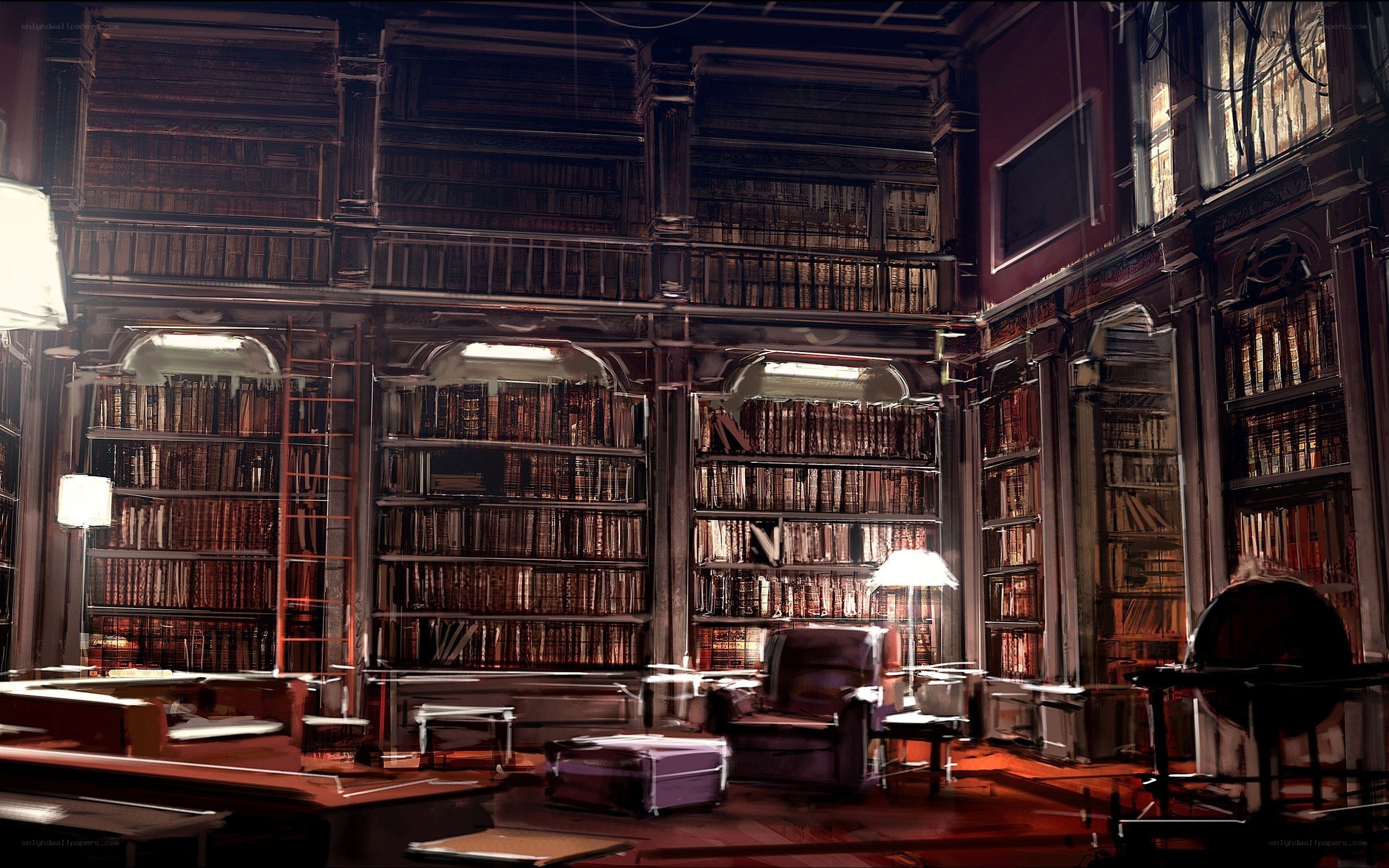 dimly lit library interior