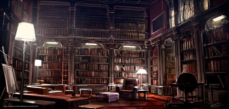 dimly lit library interior