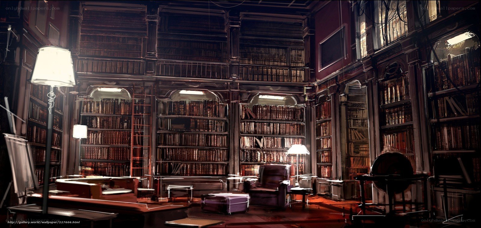 dimly lit library interior