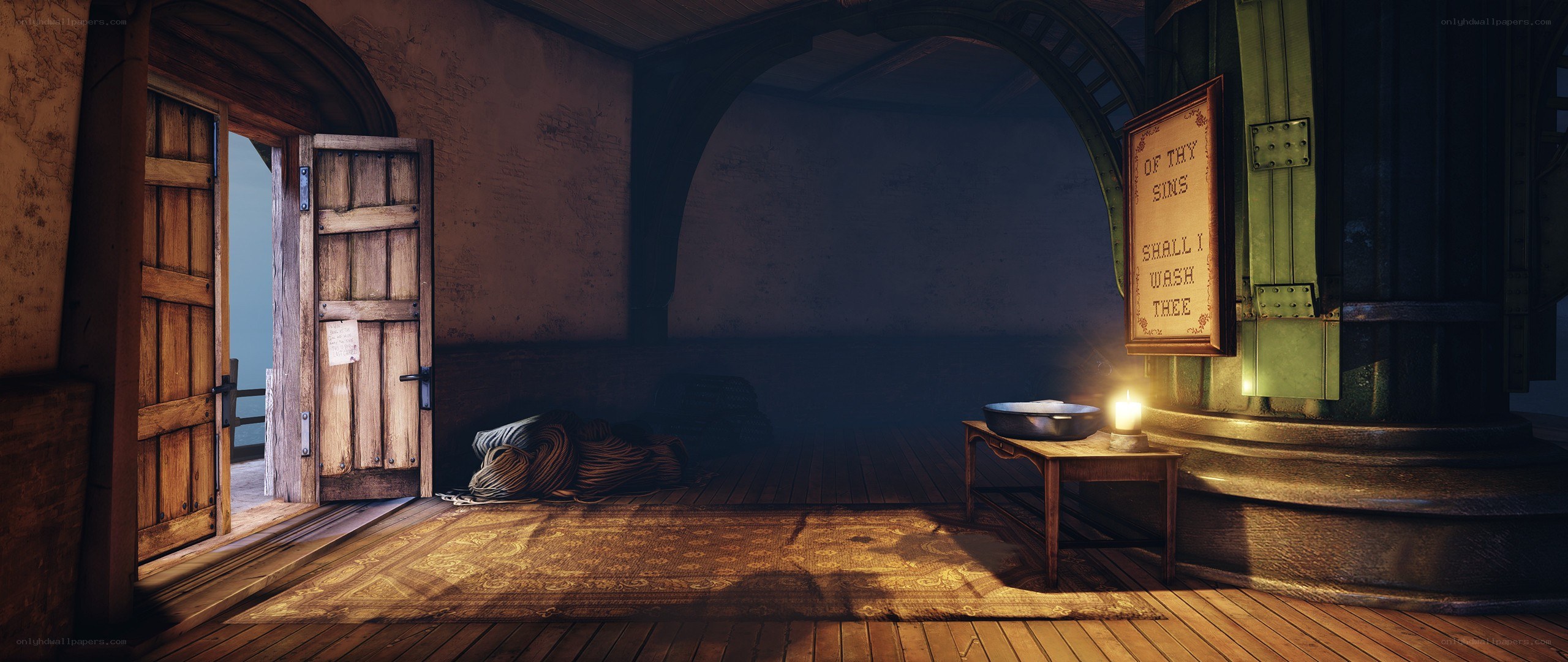 dimly lit room with open door