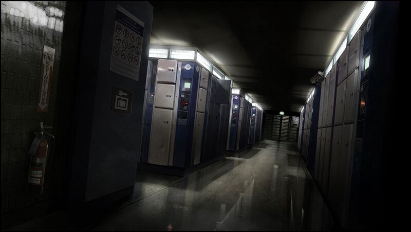 dimly lit storage locker corridor