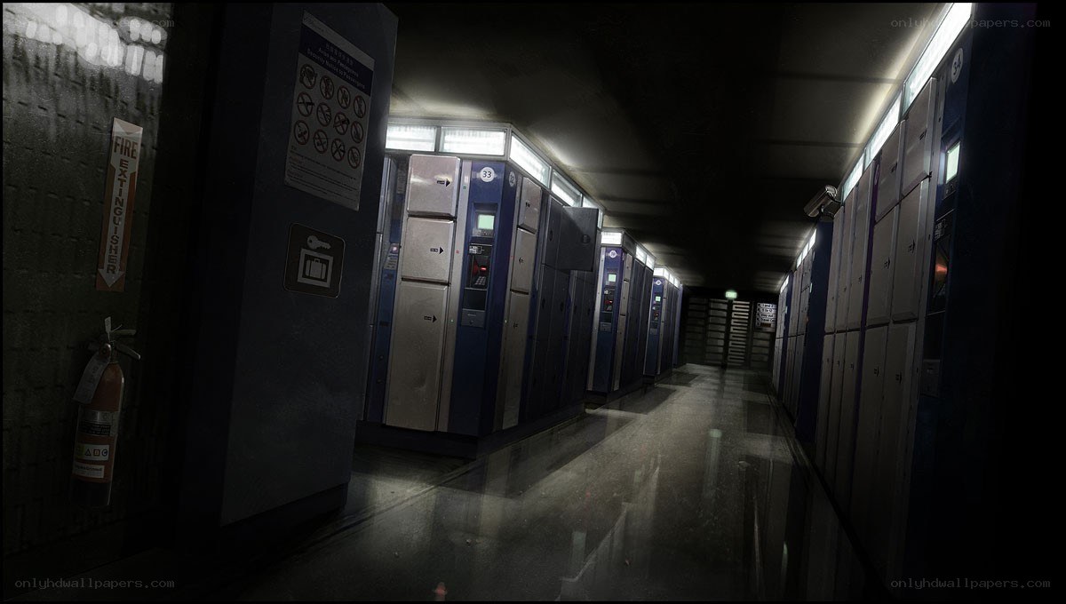 dimly lit storage locker corridor