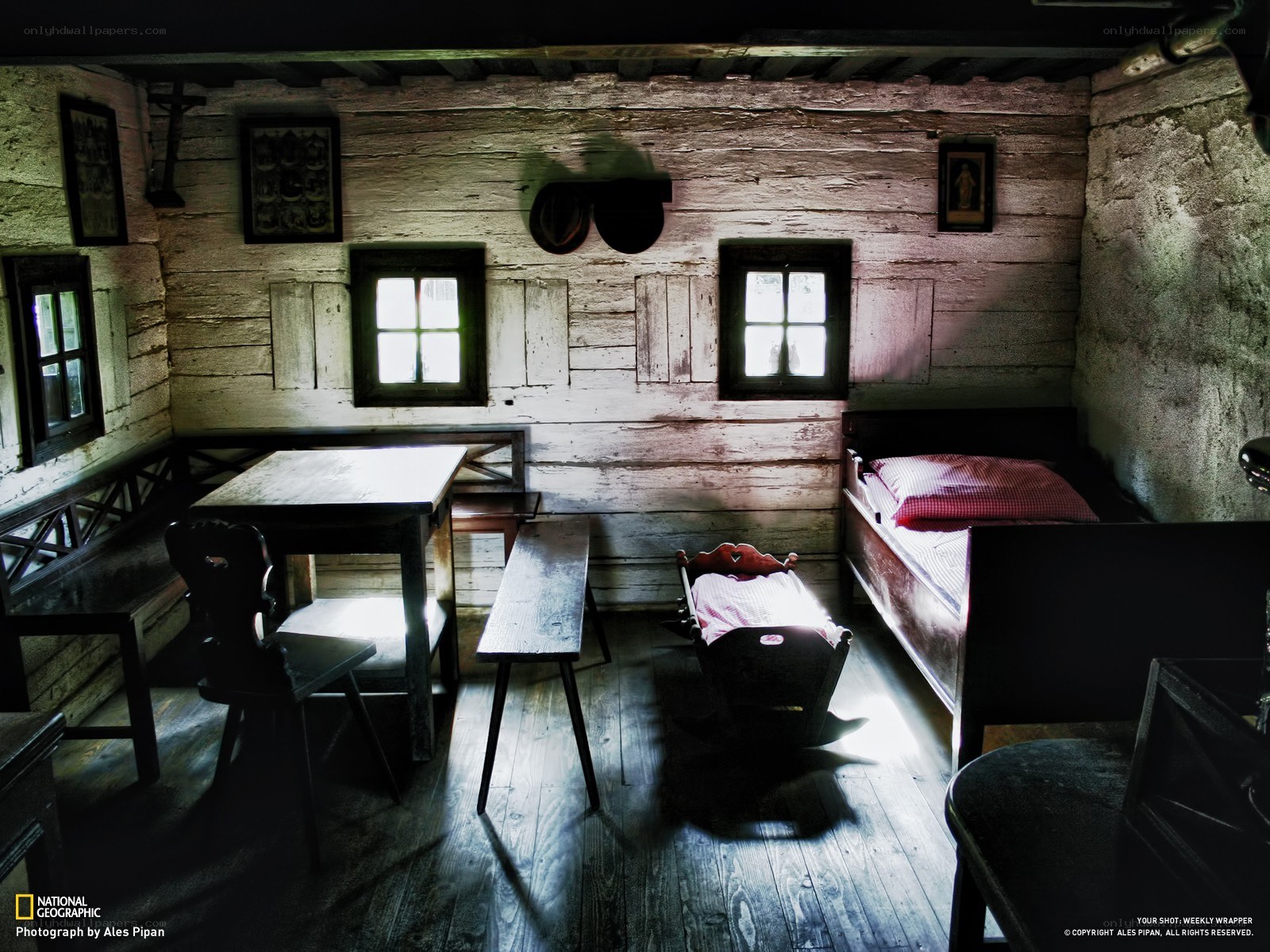 Dimly lit wooden cabin interior