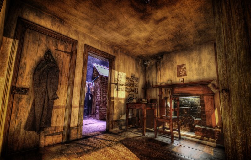 dimly lit wooden room