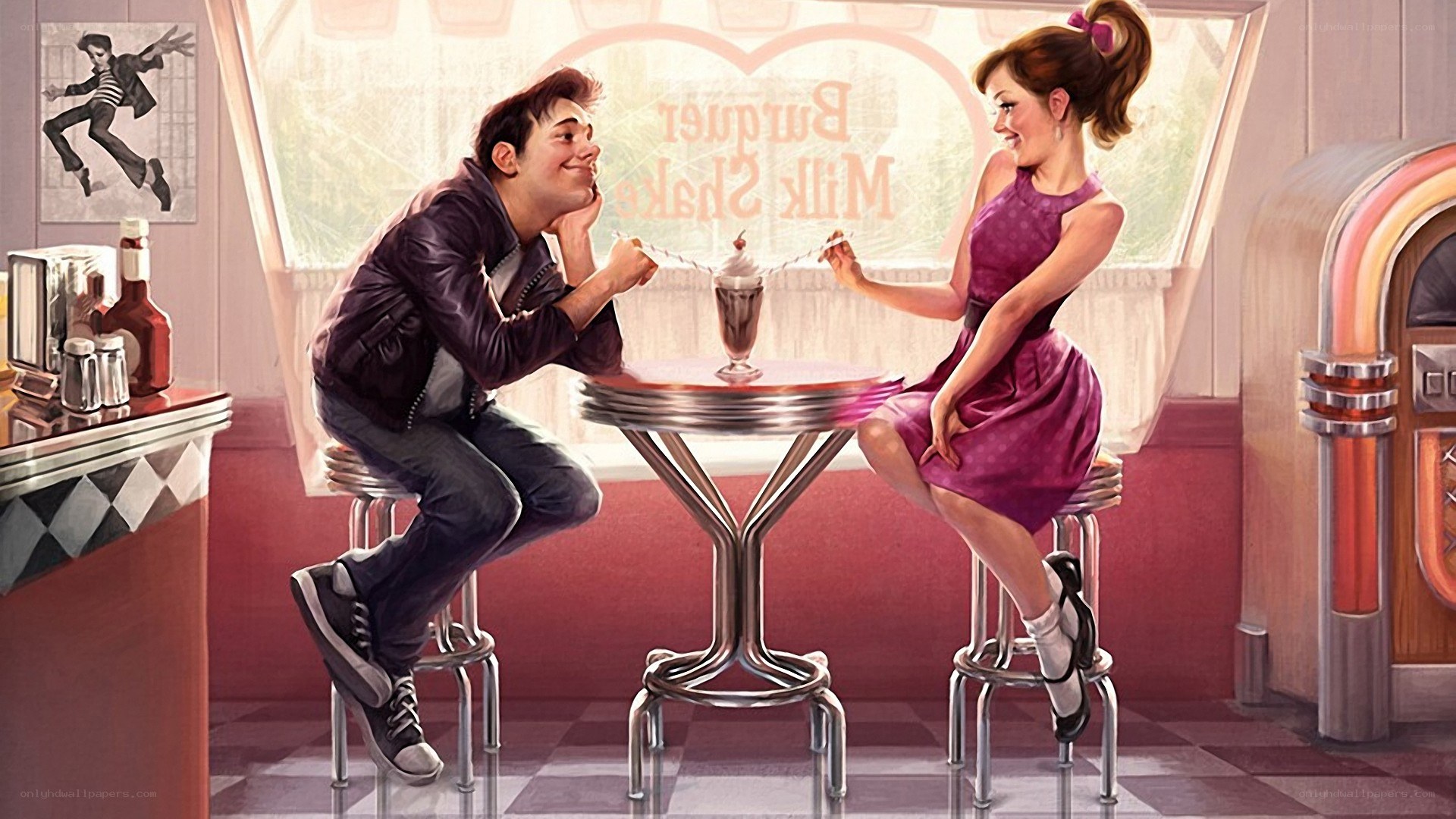 Diner couple sharing a milkshake