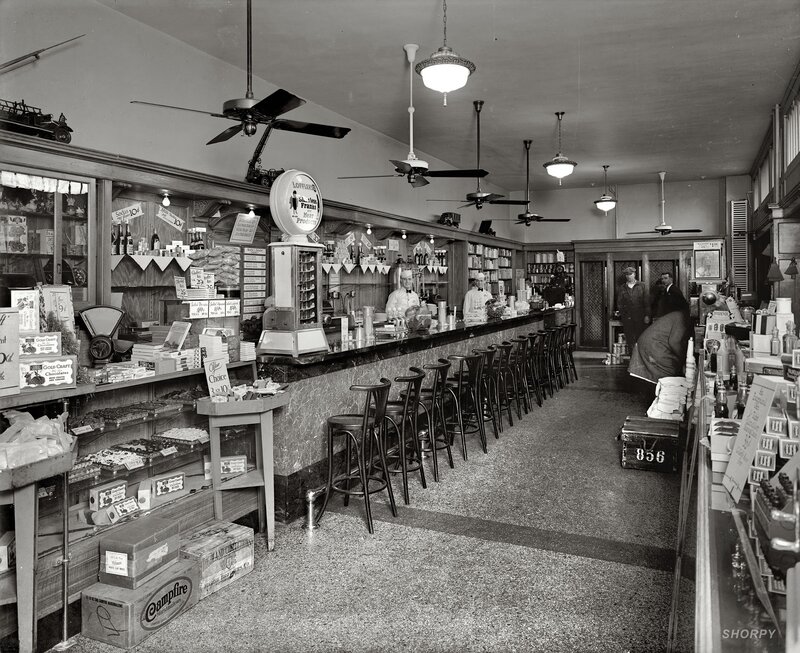 Diner interior with counter and stools