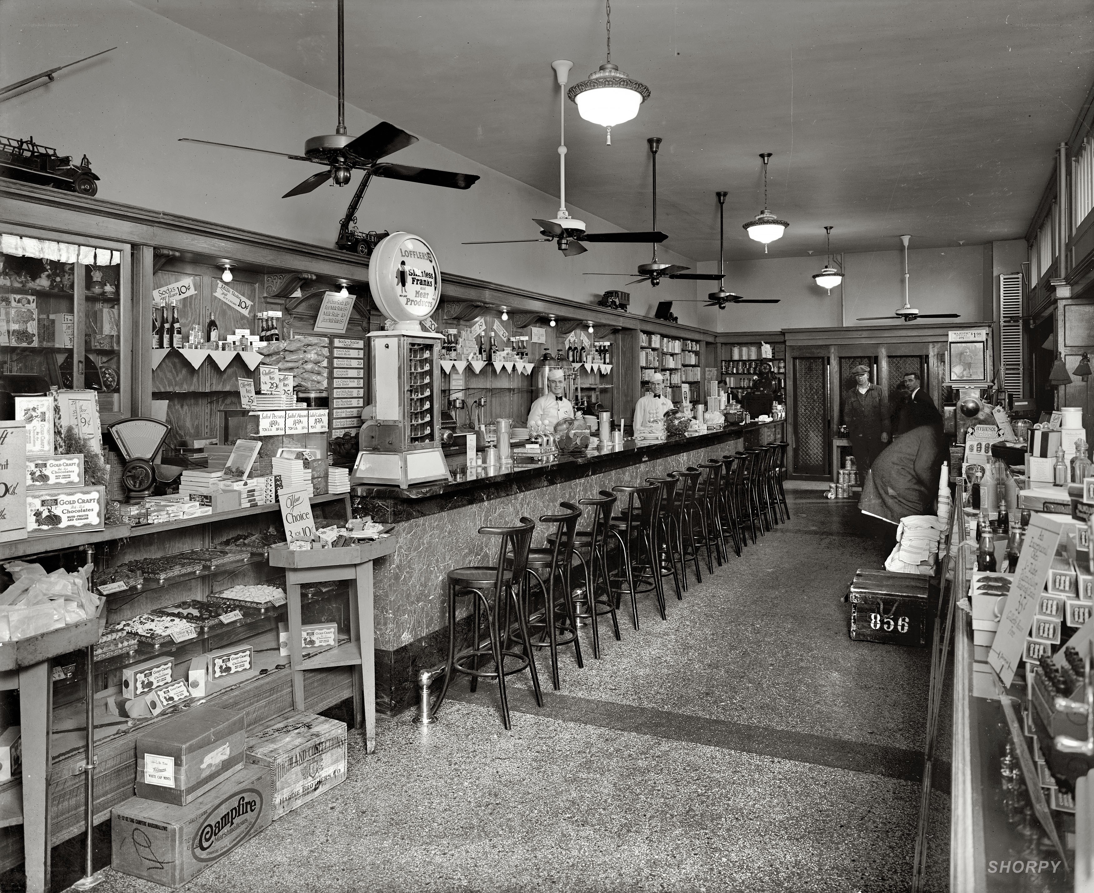 Diner interior with counter and stools